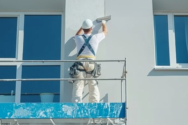 Ouvrier effectuant des travaux d'enduit et peinture sur façade
